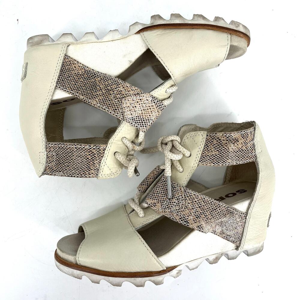 Sorel white/cream leather Joanie III lace wedge open toe sandals (7.5) snakeskin - Picture 7 of 9